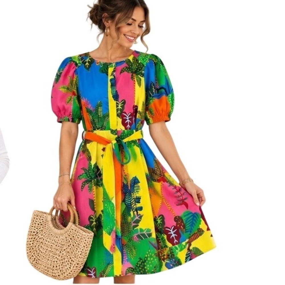 Maude Vivante Tropical Patchwork Dress Small Puff Sleeve Palm Leaf Belted NWT